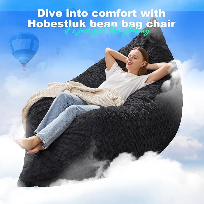 Hobestluk 3 in 1 Bean Bag Chair Giant Bean Bag Chairs for Adults with Chevron Plush Fur Cover Convertible Bean Bag Floor Cushion with Machine Washable Cover for Living Room (Chevron Plush Black)-Ruum Studio Home