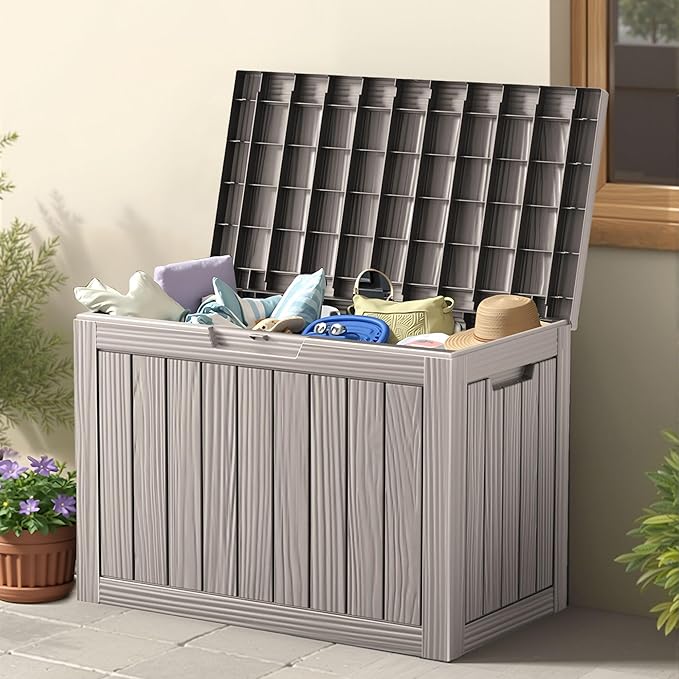 45 Outdoor Storage Box, Waterproof Resin Deck Box with Side Handles, Lockable Outdoor Bench for Indoor & Outdoor Use, Storage Bin for Patio Cushions, Garden Tools, Package Delivery, Grey-Ruum Studio Home