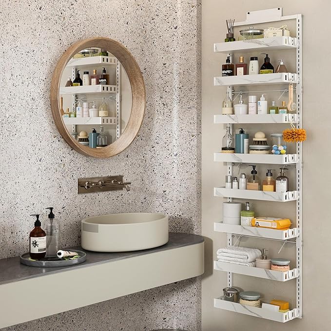 bukfen Over the Door Pantry Organizer,8-Tier Adjustable Basket Kitchen Pantry Door Organization and Storage, Heavy-Duty Metal Hanging Kitchen Spice Rack,D6.3 x W17.32 x H66.93 inch,White Marble Color-Ruum Studio Home
