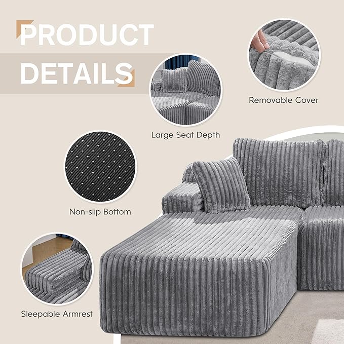 Hobestluk Modular Sectional Sofa Couches 108" L-Shape Couch 3 Seat Modular Sofa Memory Foam Sectional Couches for Living Room, Boneless Couch with Oversized Chaise (Light Grey, Left Facing)-Ruum Studio Home
