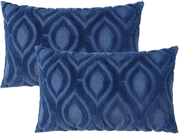decorUhome Fall Throw Pillow Covers 12x20 Inch Set of 2, Soft Plush Decorative Faux Fur Dark Blue Solid Couch Pillow Covers, Accent Farmhouse Neutral Lumbar Euro Pillow Cases for Sofa Bed Living Room-Ruum Studio Home