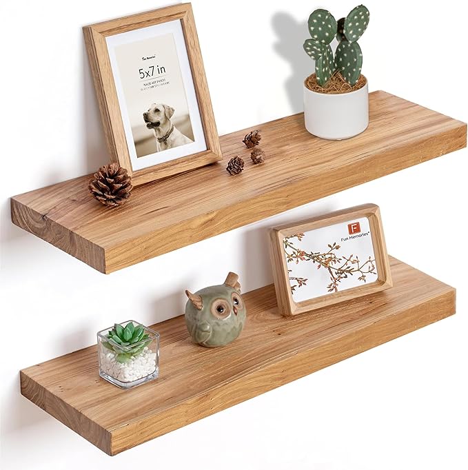 Fun Memories Floating Shelves for Wall, 24"x9.3" Rustic Solid Elm Wood Shelves, Heavy-Duty Wall Mounted Shelves with Invisible Brackets, Set of 2 for Living Room, Bedroom, Kitchen, Natural Finish-Ruum Studio Home