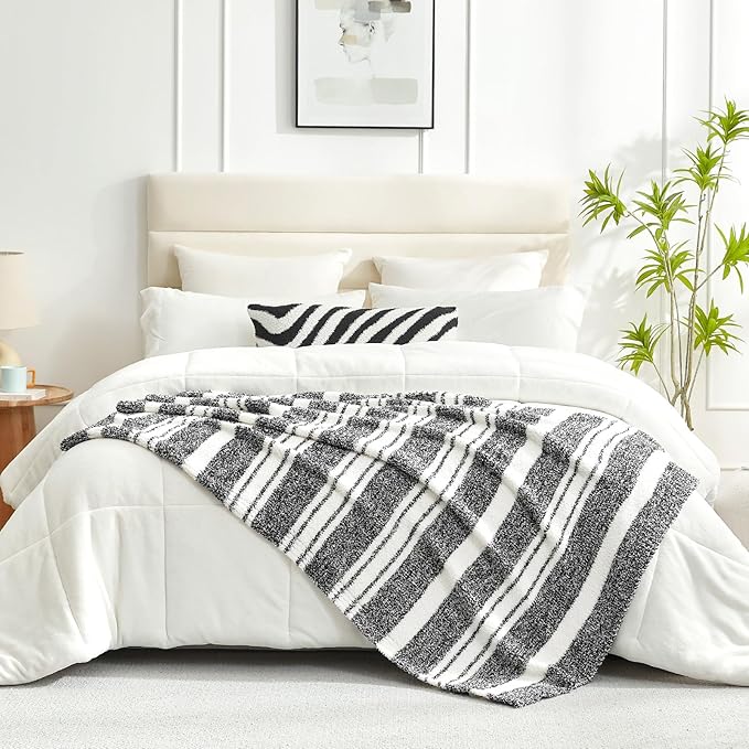 Snuggle Sac Black White Stripe Twin Size Reversible Super Soft Bedding Blanket, 60x80 inches-Ruum Studio Home