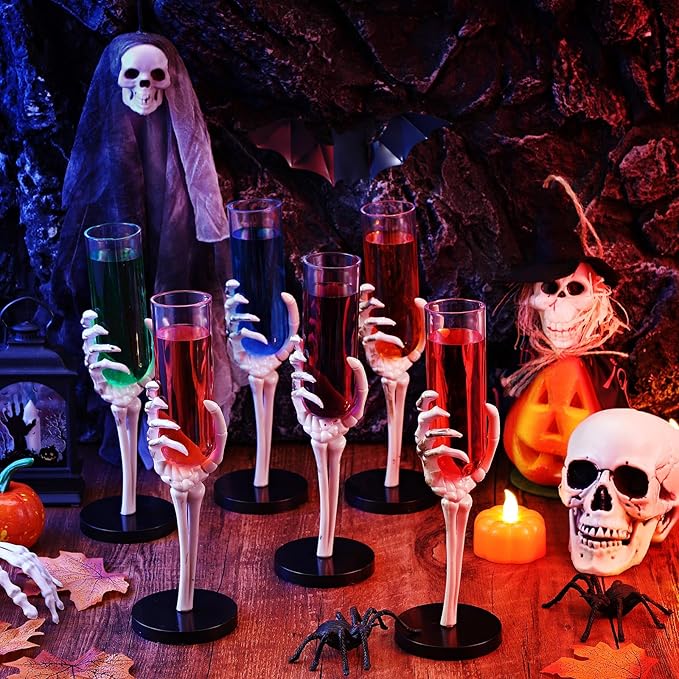 Yinkin 6 Pcs Halloween Skeleton Hand Wine Glass 2.7 oz Halloween Goblets with Skeleton Hand Plastic Champagne Flutes Spooky Creepy Cups for Haunted House Party Decorations-Ruum Studio Home