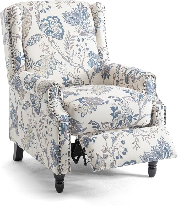 UIXE Pushback Recliner Chair, Push Back Accent Chair Fabric Upholstered Armchair for Living Room, Rivet Trim Home Theater Single Sofa Bedroom Reading Seat - Blue Plants-Ruum Studio Home