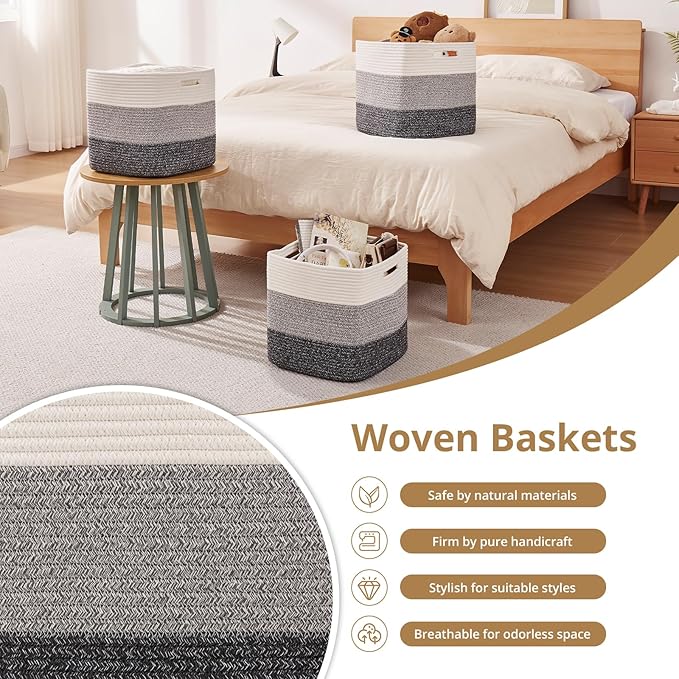 OIAHOMY 13 Kallax Inch Cube Storage Bins, 3-Pack Cotton Rope Woven Baskets for Organizing, Kallax Insert Storage Baskets for Shelves, Baby Nursery, Closet Organizer, 13*13*12.6IN, Gradient Gray-Ruum Studio Home