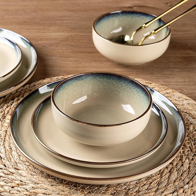 GBHOME Ceramic Dinnerware Sets for 4, 12 Pieces Stoneware Plates and Bowls Sets, Scratch Resistant Dishes, Dishwasher & Microwave Safe, Reactive Glaze-Gravel-Ruum Studio Home