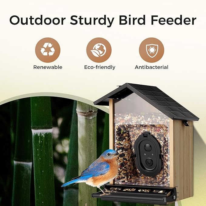 TT Nature Smart Squirrel-Proof Bird Feeder with Camera 2K, Solar Powered, AI Bird Species Recognition, Instant Notification, CCPA Data Security, Bamboo 3.2L Large Capacity, Ideal Gift-Ruum Studio Home
