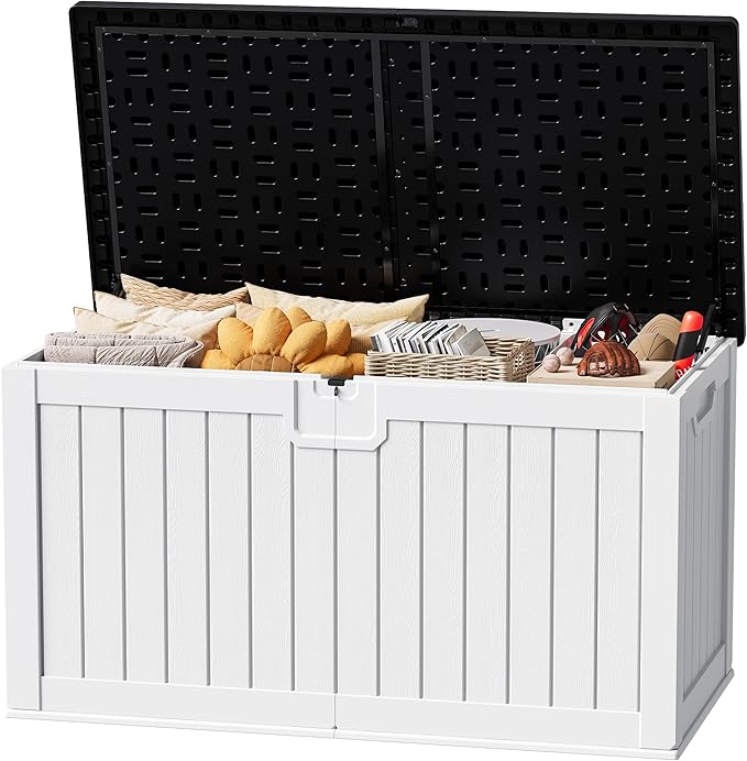 JUMMICO 250 Gallon Outdoor Resin Deck Box with Divider, Waterproof Storage Box with Lockable Lid&Side Handles for Garden Tools, Pools Supplies (White with Black Cover)-Ruum Studio Home