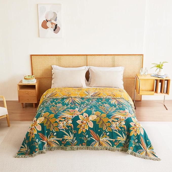 MSGKV Boho Throw Blanket for Couch Bed Chair 100% Cotton Muslin Breathable Embroidery Blanket 50"x60" Sofa Blankets for All Seasons Lightweight Farmhouse Blankets Boho Home Decor-Ruum Studio Home