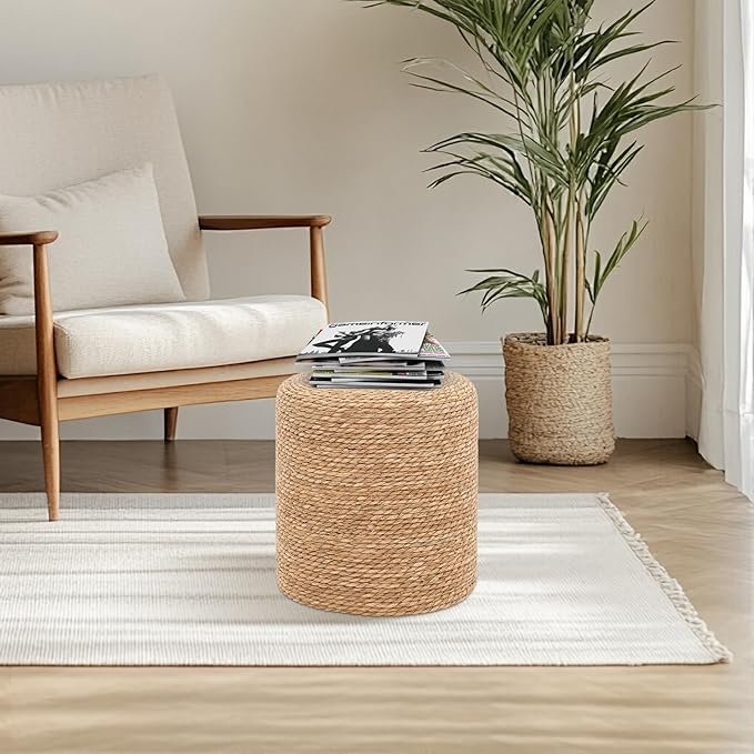 16'' Round Ottoman Natural Seagrass Braided Poof Hand Weaving Round Ottomans Boho Footrest Stool for Home Living Room Bedroom Patio(Natural)-Ruum Studio Home