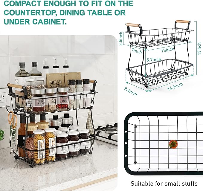 ANTOPY 2 Tier Fruit Basket with 2 Banana Hangers, Countertop Fruit Vegetable Basket Bowl for Kitchen Counter Metal Wire Fruits Storage Stand Holder Organizer for Bread Snack Veggies Produce-Ruum Studio Home