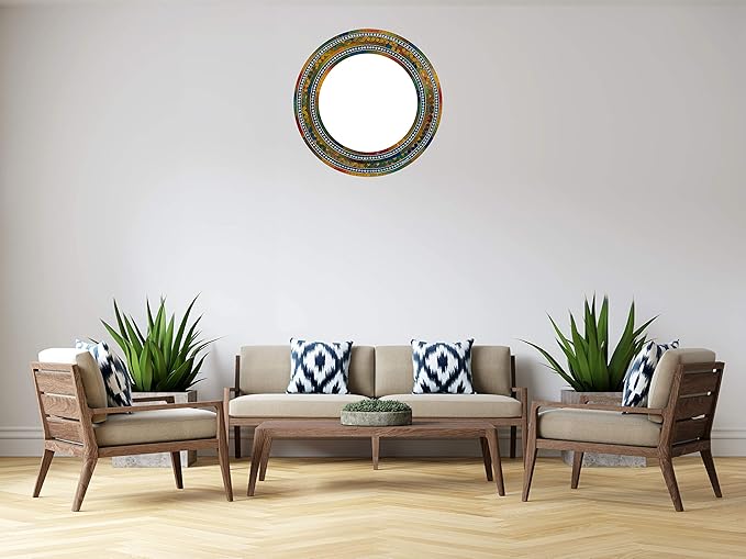 Mosaic Mirror, Wall Art Décor – Handcrafted Decorative Wall Mirror, Autumn Green, Deep Blue, and Brown Round Mosaic-Ruum Studio Home