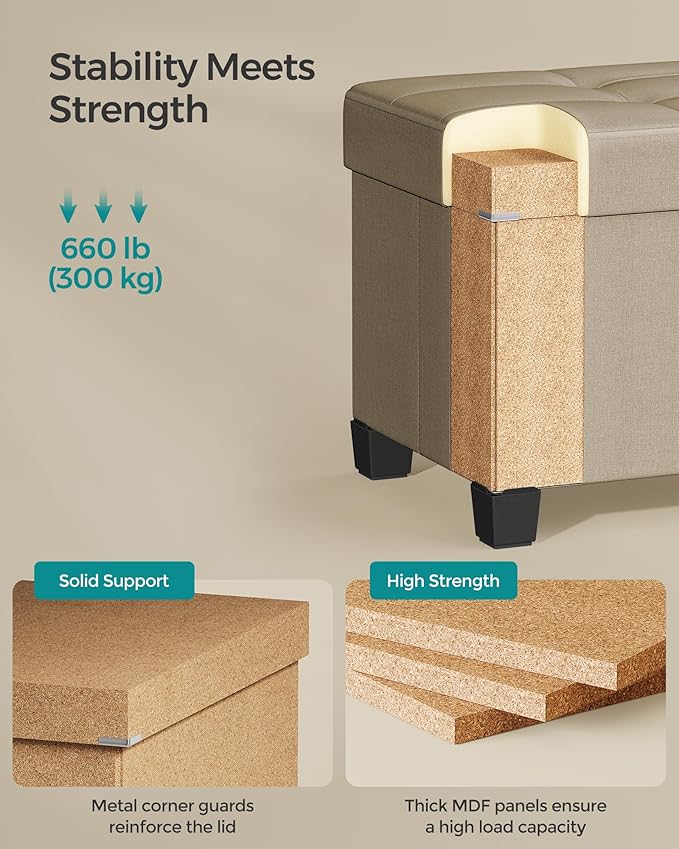 SONGMICS Storage Ottoman Bench, Foldable Foot Rest with Legs, 15 x 43 x 15.7 Inches, End of Bed Bench, Storage Chest, Load up to 660 lb, for Living Room, Bedroom, Entryway, Camel Brown ULSF018K01-Ruum Studio Home