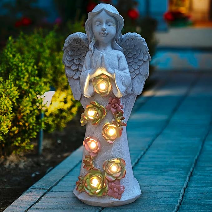 Angel Solar Garden Outdoor Statues with Succulent Plants and 6 LED Lights– Outside Solar Garden Decor Figurines -Remembrance & Sympathy Gifts Decorations-Ruum Studio Home