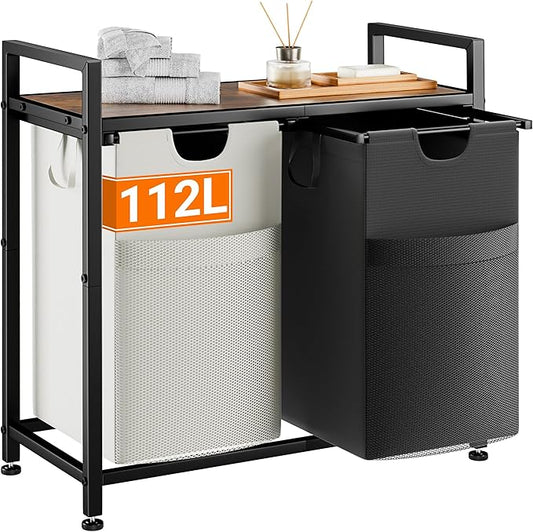 Lulive Double Laundry Hamper, Multifunctional Basket Organizer, 112L Laundry Sorter with Removable Bags and Fabric Handles, Large Top Shelf Laundry Bag for Bathroom, Dorm, Laundry Room-Ruum Studio Home