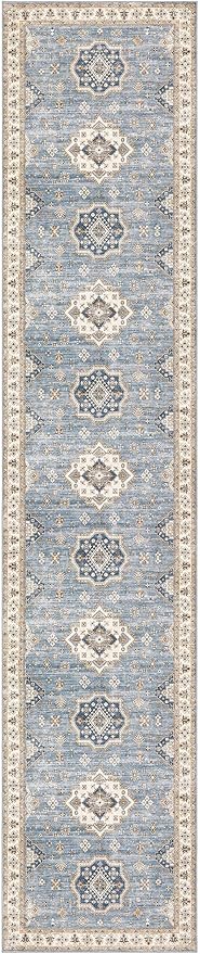 Washable 2.6x12 Runner Rug - Area Rugs Neutral Vintage Distressed Floral Farmhouse Boho Large Soft Floor Rug Indoor Carpet for Hallway Entryway Kitchen Home - Blue-Ruum Studio Home