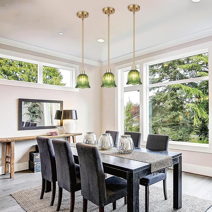 Modern Gold Pendant Light 3 Pack Brushed Brass Mid Century Chandelier Green Glass Shades Adjustable Rods Farmhouse Ceiling Hanging Lighting Fixture Kitchen Island Dining Room Bedroom-Ruum Studio Home
