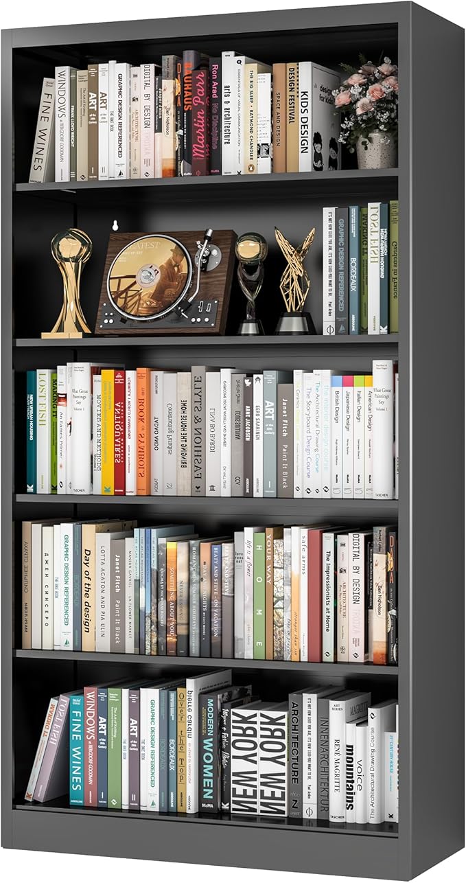 66" Tall Metal Bookcase, 5 Shelf Black Bookcase with Adjustable Shelves, Large Bookshelves and Bookcases, Modern Book Shelf Storage Organizer for Living Room, Home Office, Library (Black)-Ruum Studio Home