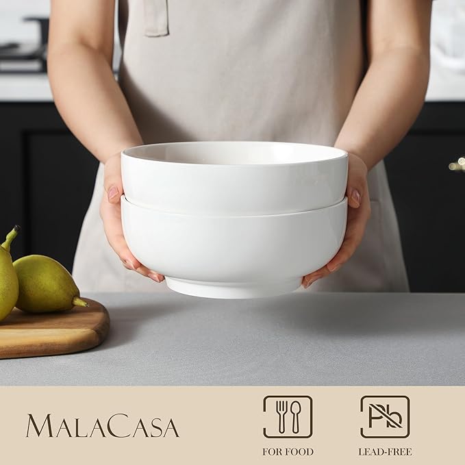 MALACASA Large Serving Bowls - 60 OZ (8") Salad Bowls Set of 2, White Mixing Bowls for Kitchen, Soup, Pasta and Dinner, Large Salad Bowls Set, Dishwasher & Oven Safe, Series REGULAR-Ruum Studio Home
