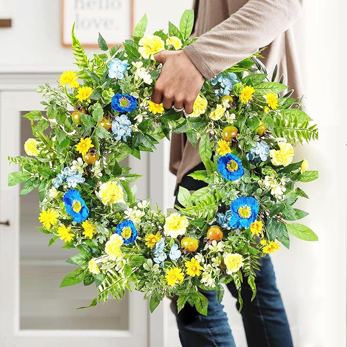 WANNA-CUL 24 Inch Spring Summer Carnation Wreaths for Front Door, Spring Front Door Wreath with Blue &Yellow Flowers Door Wreath with Pomegranates,Daisy for Wedding-Ruum Studio Home