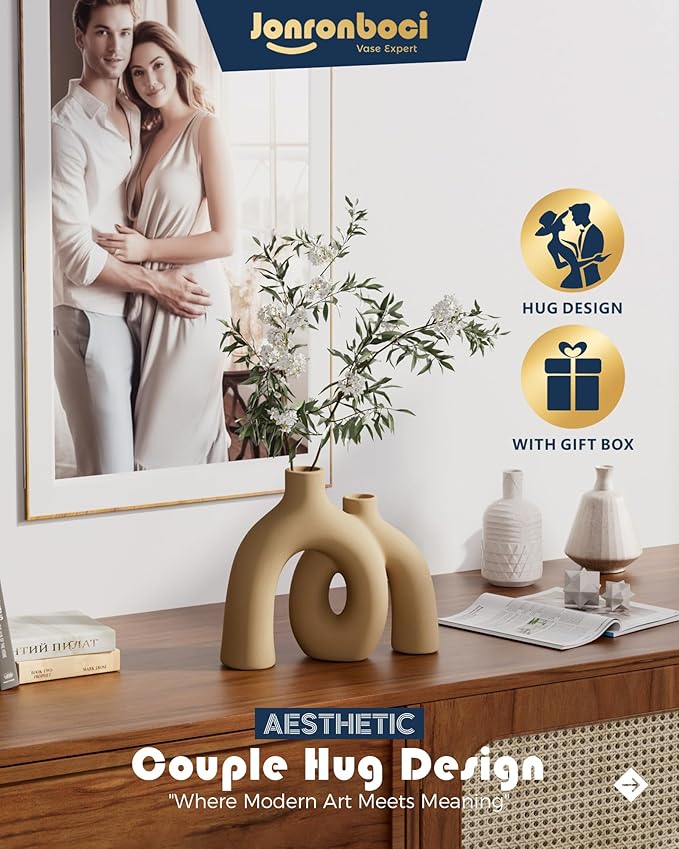 Hug Donut Decorative Vase Set - Tan Modern Rustic Farmhouse Style Vases Home Decor,Matte Ceramic Decorations for Living Room Shelf, Bookshelf Mantle Entryway Table Centerpiece or Console Décor(Brown)-Ruum Studio Home