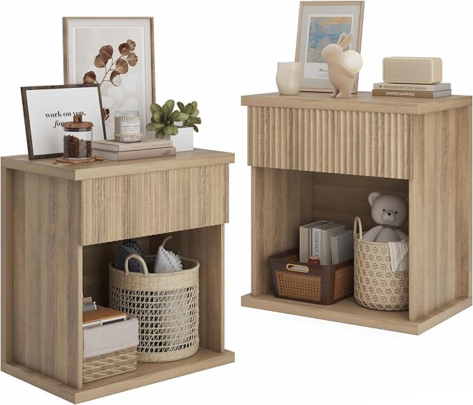 Fluted Nightstand Set of 2, 22.8" Wide Nightstands with Drawer Storage Large Wood BedsideTable Night Stands for Bedroom, Natural Oak-Ruum Studio Home