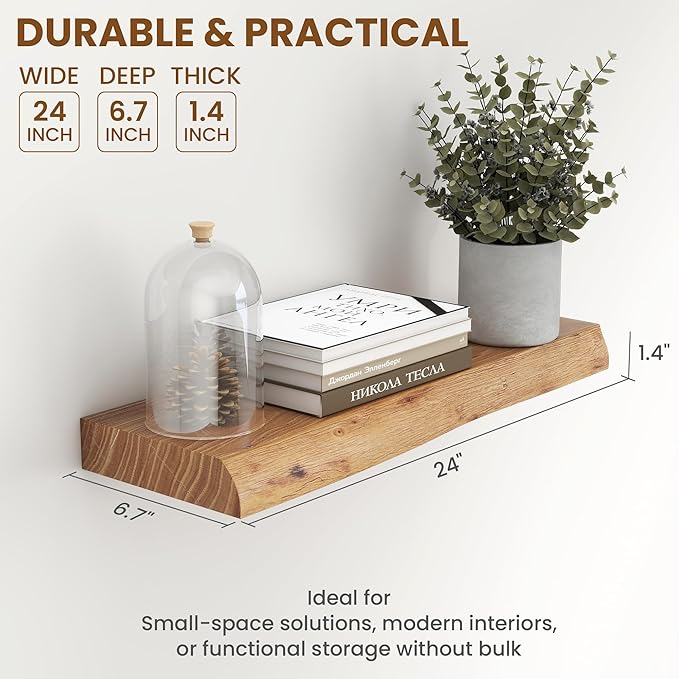 24" Floating Shelves, Live Edge Solid Elm Wood Floating Shelf, Wall Mounted Display Shelves with Heavy-Duty Bracket for Books, Rustic Wooden Shelf for Kitchen, Bathroom, Natural Color, Set of 2-Ruum Studio Home