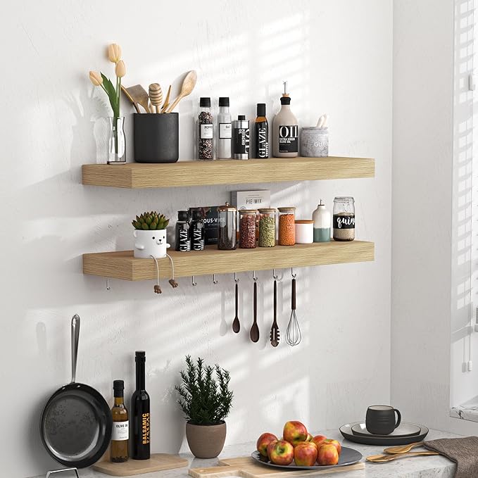 Fun Memories Floating Shelves - 24 Inch Rustic Wooden Wall Shelves - Extra Deeper & Thicker Wall Mounted Storage Shelf for Living Room, Kitchen, Farmhouse - 24" x 9" x 1.6" 2Pack, Oak-Ruum Studio Home