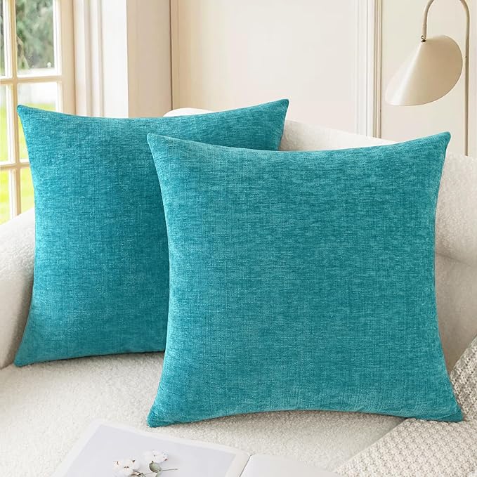 CaliTime Throw Pillow Covers Decorative 22 X 22 Inches Pack of 2 Cozy Chenille Cushion Cases for Couch Sofa Bed Living Room Home Lake Blue-Ruum Studio Home