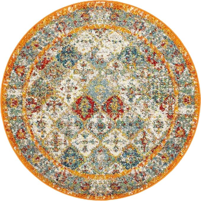 Unique Loom Rosso Collection Vintage, Traditional, Bohemian, Geometric, Distressed, Southwestern Area Rug, 4' 0" x 4' 0", Multi/Orange-Ruum Studio Home