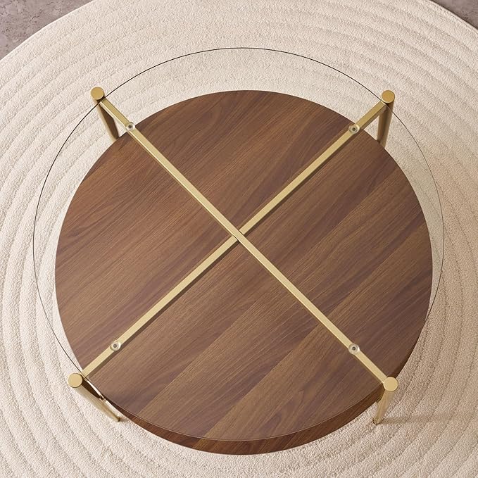 Round Coffee Table, Mid-Century Modern Design, D30“ x H17”, for Living Room, 2-Tier Structure, Clear Glass Top and Walnut MDF Shelf, Sleek Conical Metal Legs with Gold Finish-Ruum Studio Home