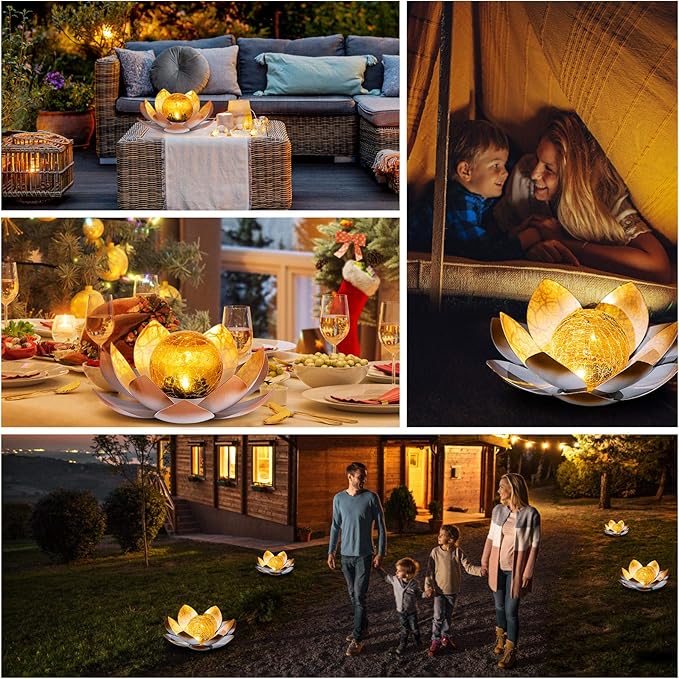 Garden Solar Lights Outdoor(2Pack) , Amber Crackle Globe Glass Lotus Decoration , Waterproof Orange Metal LED Flower Lights for Patio,Lawn,Walkway,Tabletop,Ground, Garden Gifts for Women-Ruum Studio Home