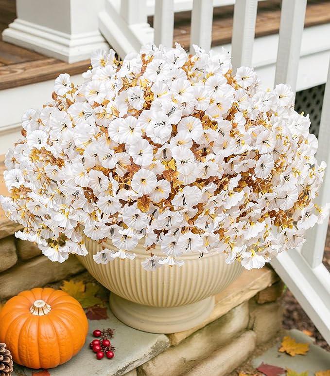 Fake Mums Artificial Fall Flowers Fake Plants for Outdoors Autumn Decor, 12 Bundles White Silk Morning Glory with Eucalyptus Look Real UV Resistant Faux Flowers for Outside Planters Front Door Yard-Ruum Studio Home