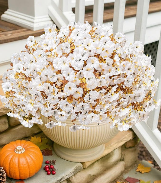 Fake Mums Artificial Fall Flowers Fake Plants for Outdoors Autumn Decor, 12 Bundles White Silk Morning Glory with Eucalyptus Look Real UV Resistant Faux Flowers for Outside Planters Front Door Yard-Ruum Studio Home