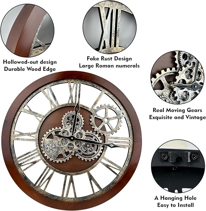 The B-Style Large Wall Clock 24 inch Moving Gear Wall Clock Oversized Vintage Farmhouse Wall Clocks for Living Room Decor Rustic Industrial Wood Clock (Black walunt Wood and Bronze)-Ruum Studio Home