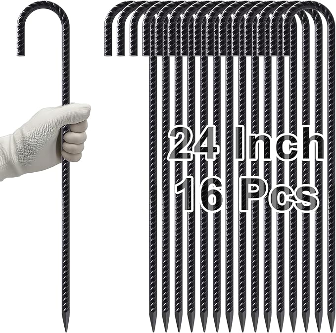 VVOKGO Rebar Stakes 24 Inch J Hook Heavy Duty Ground Anchors (16pcs), 3/8 Inch Diameter Metal Steel Extra Long Fence Stakes with Chisel Point End for Greenhouse, Gazebo, Carport, Camping Tents, Black-Ruum Studio Home
