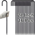 VVOKGO Rebar Stakes 24 Inch J Hook Heavy Duty Ground Anchors (16pcs), 3/8 Inch Diameter Metal Steel Extra Long Fence Stakes with Chisel Point End for Greenhouse, Gazebo, Carport, Camping Tents, Black-Ruum Studio Home