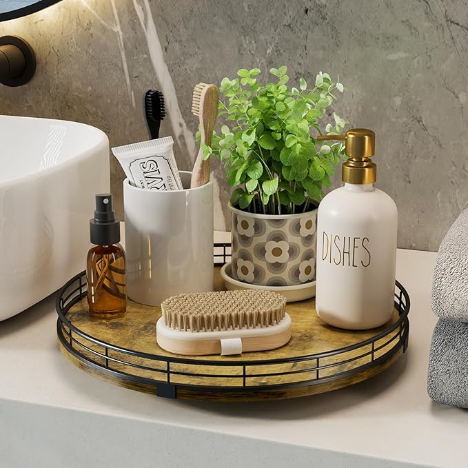 Lazy Susan Turntable Organizer for Table Top, 12’’ Round Wooden Lazy Susan for Cabinet Kitchen Countertop Pantry Dining Coffee Table for Condiments Spices, Rustic Bathroom Vanity Tray for Soap Candle-Ruum Studio Home