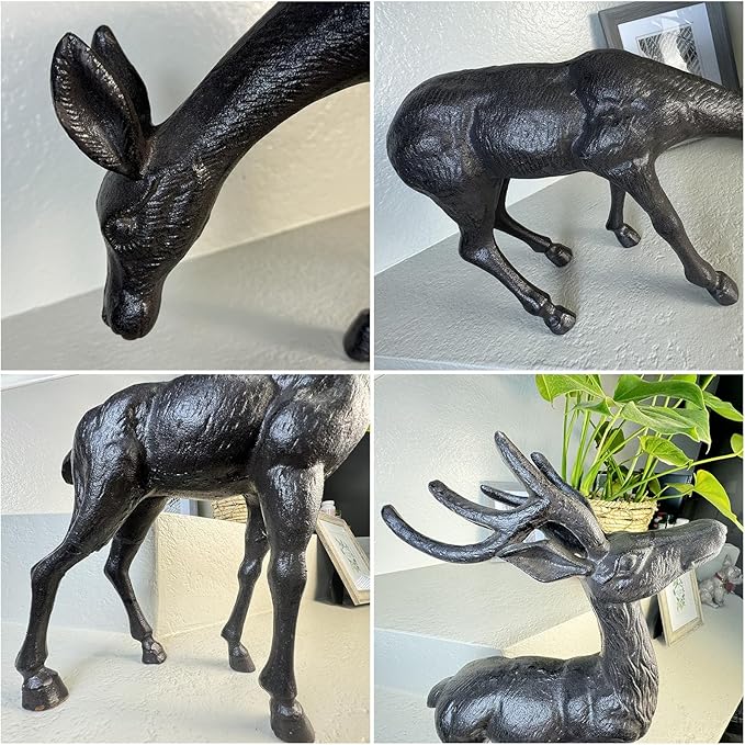 Elegant Pair of Cast Iron Deer Sculptures -22" and 11.4" Tall Male and Female Set for Outdoor Garden Decor, Realistic Animal Statues HC3672-5691-Ruum Studio Home