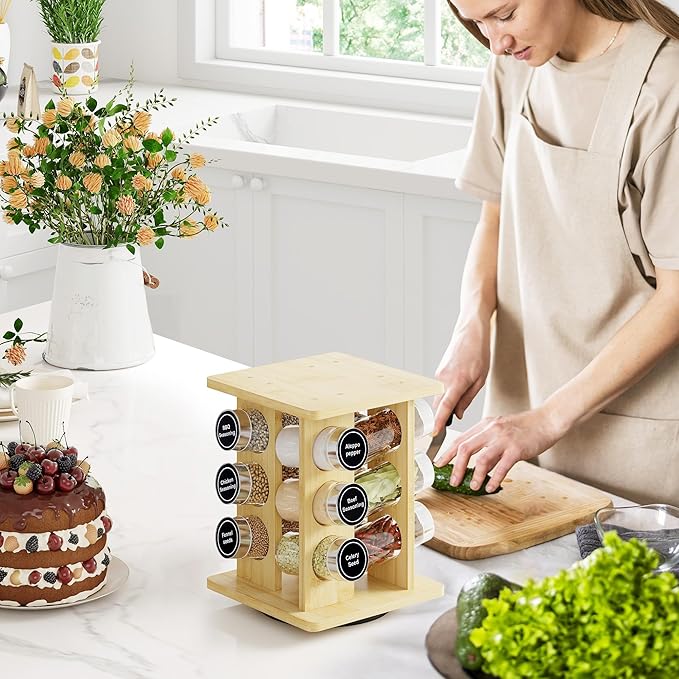 WelFurGeer Bamboo Spice Rack Organizer for Countertop, Revolving Spice Shelf with 12 Glass Jars, Lids & Labels, Desktop Rotating Seasoning Organizer for Kitchens, Space-Saving Design-Ruum Studio Home
