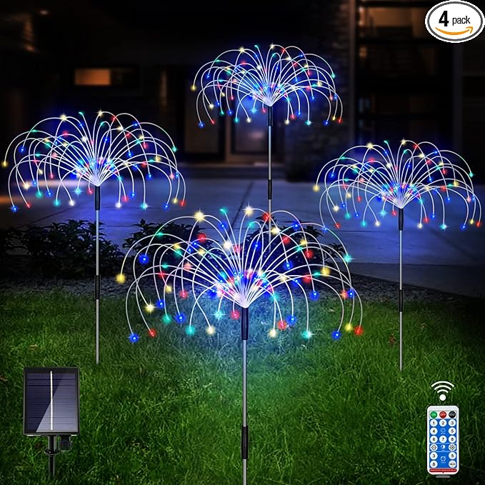 Outdoor Solar Garden Lights, 4 Pack 120 LED Copper Wire Waterproof Garden Fireworks Lamp with Remote, 8 Modes Decorative Sparkles Stake Landscape Light for Pathway Lawn Decor (Colorful)-Ruum Studio Home