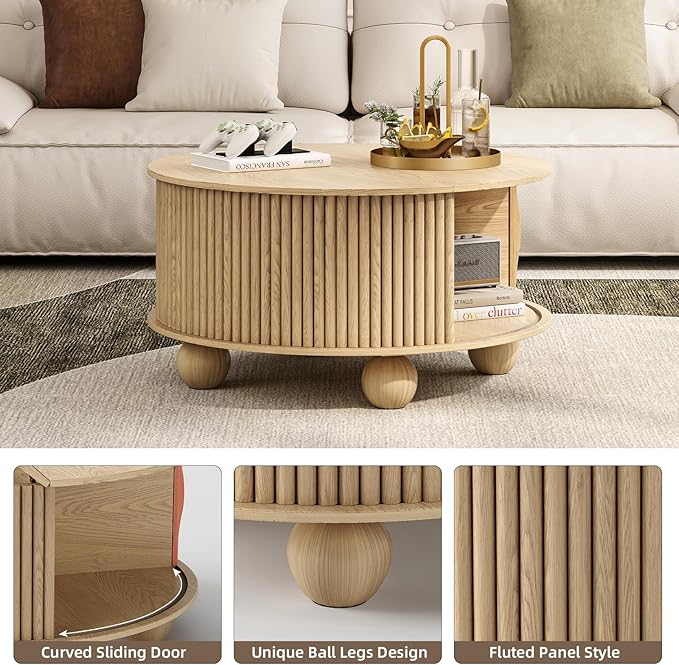Round Coffee Table with Storage,Fluted Lift Up Coffee Table with Sliding Door,31.5" Drum Center Table with Bun Feet for Living Room,Home Small Space,Oak-Ruum Studio Home