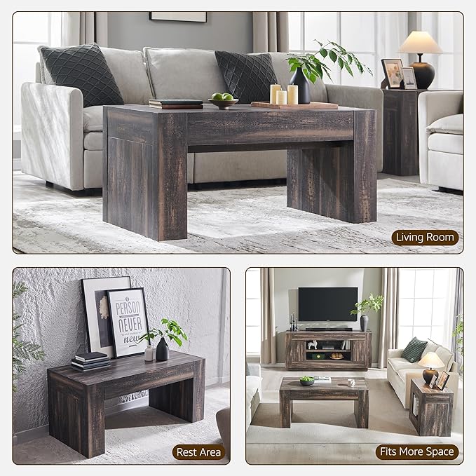 OKD 48" Modern Farmhouse Coffee Table, Wooden Living Room Table with Hidden Storage Drawer, Rustic Rectangular Center Tables w/Wood Thick Design for Living Room, Office, Dark Rustic Oak-Ruum Studio Home