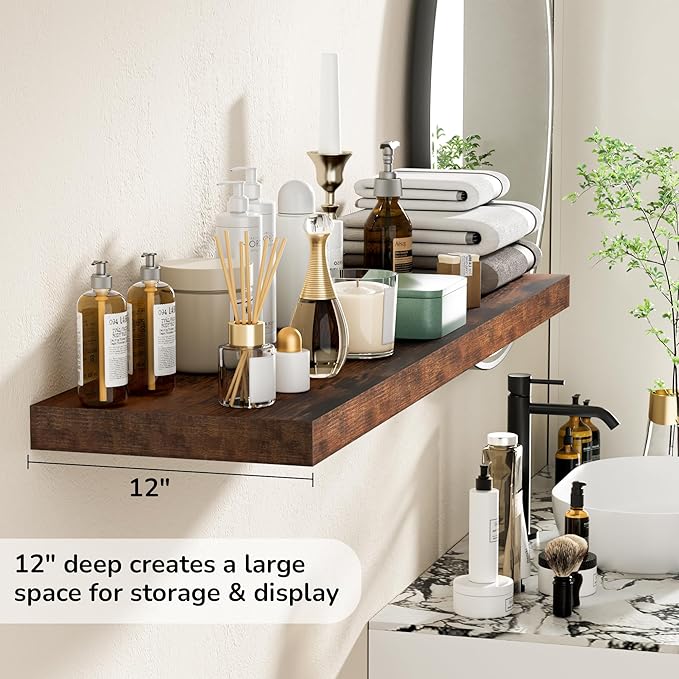 Fun Memories Floating Shelves - 12 Inch Rustic Wooden Wall Shelves - Extra Deeper & Thicker Wall Mounted Storage Shelf for Living Room, Kitchen, Farmhouse - 48" W x 12" D x 1.8" H - Brown-Ruum Studio Home