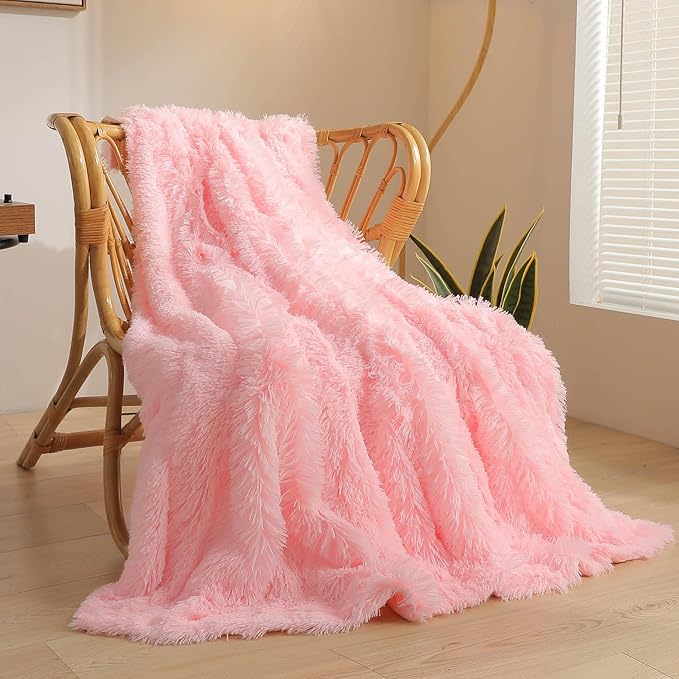 XeGe Fluffy Faux Fur Throw, Pink Luxurious 50x60 Shaggy Blanket, Warm Soft Fuzzy Couch Throw for Girls, Furry Lap Blanket for Sofa Bed Office Lightweight, Pink-Ruum Studio Home