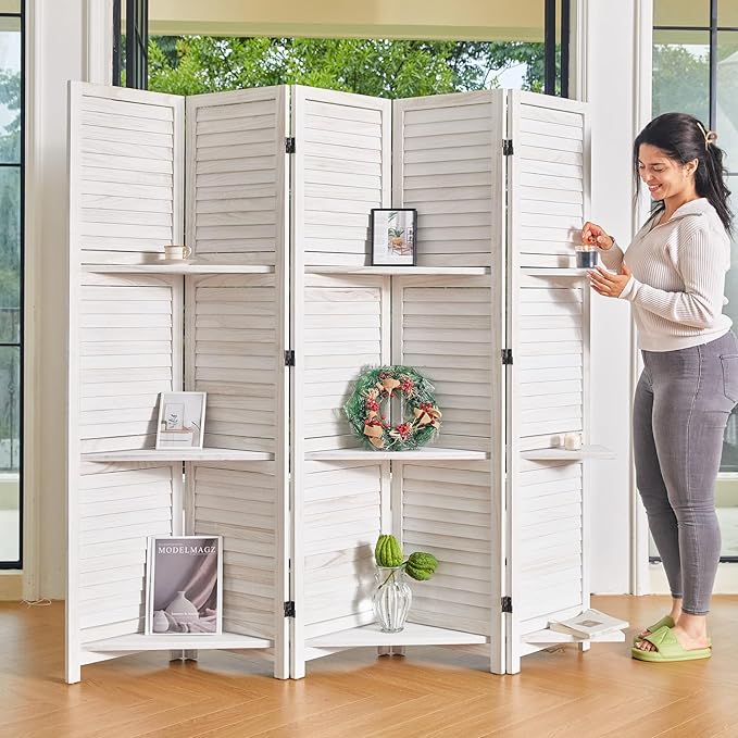 Partition Room Dividers, Folding Wood Privacy Screen with Three Display Shelves Suitable for Home Office, Study, Art Display - 5 Panel, 67 * 64inch (White-Washed)-Ruum Studio Home