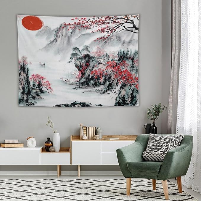 Cherry Blossoms Tapestry,Japanese Red Landscape Asian Watercolor Abstract Art Tapestry, Asian Japanese Wall Tapestry, Nature Landscape Tapestries for Bedroom Living Room Decor 80"x60"-Ruum Studio Home