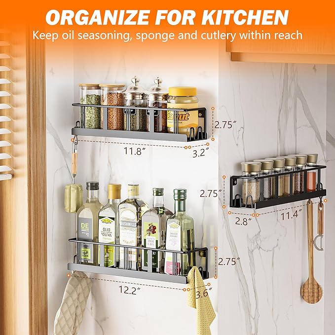 Spice Rack Wall Mounted 2 Pack, Space-Saving Spice Organizer for Spice Jars and Seasonings,Screw or Adhesive Hanging Spice Rack Organizer for Your Kitchen Cabinet,or Pantry Door-Ruum Studio Home