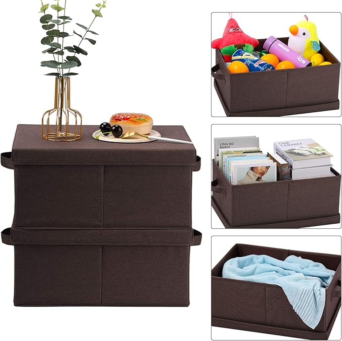 HOONEX Linen Foldable Storage Bins with Lids, 2 Pack, Storage Boxes with Carrying Handles and Sturdy Heavy Cardboard, 16.5" L x 11.8" W x 7.5" H for Shoes, Clothes, Brown-Ruum Studio Home